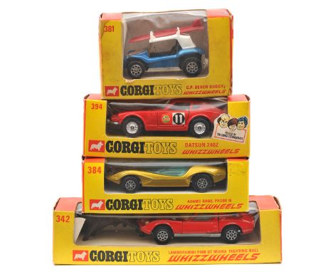 4 Corgi Whizzwheels. Lamborghini P400 GT Miura Fighting Bull (342). Example in red with white interior, complete with bull. G