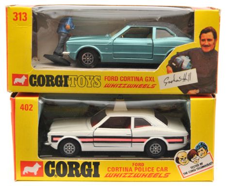 2 Corgi Whizzwheels. Ford Cortina GXL “Graham Hill” (313). Example in light metallic blue with black roof and white interior,