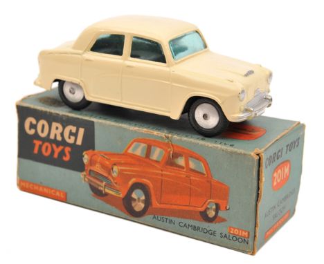 Corgi Toys Austin Cambridge Saloon (201M). Example in cream with flat faced wheels. Motor in working order. In early all blue