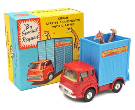 Corgi Toys Circus Giraffe Transporter with Giraffes (503). In red and light blue Chipperfields Circus livery, with yellow int