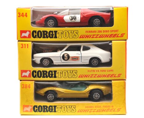 3 Corgi Whizzwheels. 3-Litre V6 Ford Capri (311). In white with black bonnet and red/black stripes “TEXACO” livery, RN5. Ferr