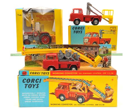 3 Corgi Toys. Massey-Ferguson ‘165’ Tractor with saw attachment (73). In red with light grey engine/chassis and yellow attach