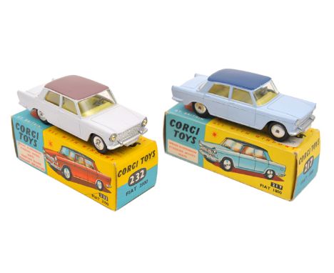 2 Corgi Toys. Fiat 1800 (217). Example in light blue with dark blue roof. Plus a Fiat 2100 (232) in lilac with mauve roof. Bo