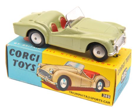 Corgi Toys Triumph TR3 Sports Car (305). An example in metallic light green with red seats. Boxed. Vehicle Mint. Plate 7 