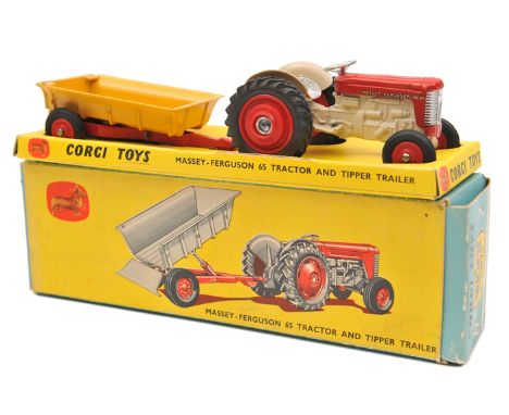 Corgi Toys Gift Set No.7 Massey-Ferguson 65 Tractor And Tipper Trailer. Tractor in red and cream with red wheels, trailer in 