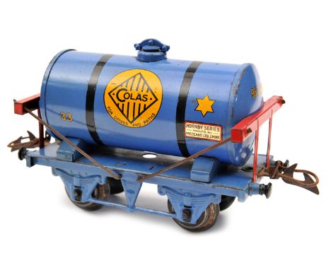 Hornby Series O gauge tank wagon. Colas in blue with red stays. (1929-30). GC-VGC some light wear. Plate 1 