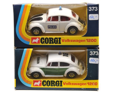 2 Corgi Whizzwheels Volkswagen 1200 Beetle (373). Both Police examples, German “Polizei” example in white and green livery an