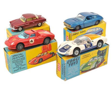 4 Corgi Toys. Ferrari “Berlinetta” 250 Le Mans (314) in red with light blue ‘glass’, RN4. NSU Sport Prinz (316) in metallic m