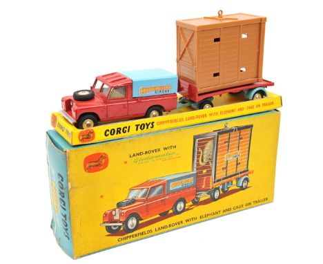 Corgi Toys Gift Set 19. Chipperfields Land Rover with elephant and cage on trailer. Land Rover and trailer in red and light b