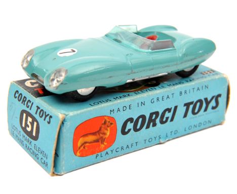 Corgi Toys Lotus Mark Eleven Le Mans Racing Car (151). An early example in turquoise blue with red seats, RN7. In early all b