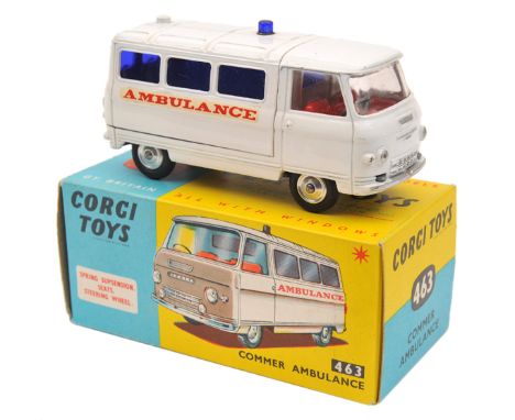 Corgi Toys Commer Ambulance (463). In white with red interior, with blue rear windows and small light to roof. Boxed, with pa