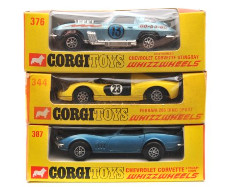 3 Corgi Whizzwheels. Ferrari 206 Dino Sport (344). Example in yellow with black doors, RN23. Chevrolet Corvette Stingray (376