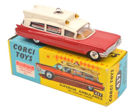 Corgi Toys Superior Ambulance on Cadillac Chassis (437). In red and cream livery with dark blue windows with Ambulance decals