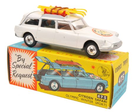 Corgi Toys Citroen Safari “Olympic Winter Sports” (475). In white with light brown and pale green interior, with yellow skis 