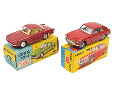 2 Corgi Toys. Renault Floride (222). An example in maroon with yellow interior, smooth spun wheels. Plus an M.G.B. G.T. (327)