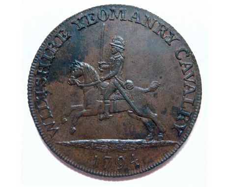 Wiltshire Yeomanry Cavalry token, County Series, Markes Lambe Lutwyche’s Halfpenny 1794. Obverse cavalryman galloping left, w