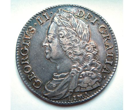 George II AR halfcrown 1746 Lima, edge Decimo Nono (ESC 606) GVF. Plate 1 