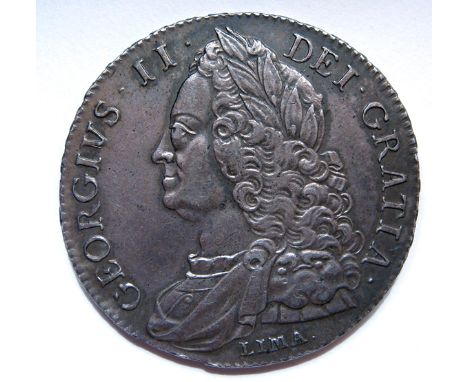George II AR crown 1746 Lima below old head, GVF or better. Plate 5 