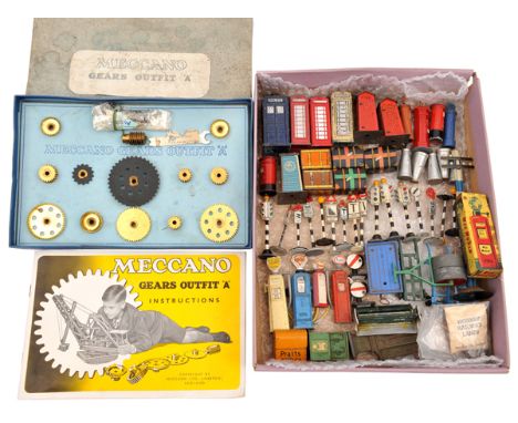 A quantity of assorted Dinky, Hornby etc road/railway accessories. Including- 3 telephone boxes, Police box, RAC box, 4 post 