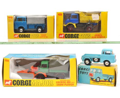 4 Corgi Toys. Unimog 406 with Snow Plough (1150). In green and orange livery, with dark green plastic rear tilt. A Unimog Rea