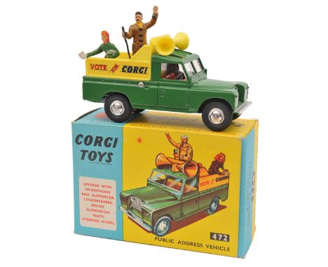 Corgi Toys Land Rover Public Address Vehicle (472). In green with yellow plastic insert/loud speakers, ‘Vote For Corgi’ decal