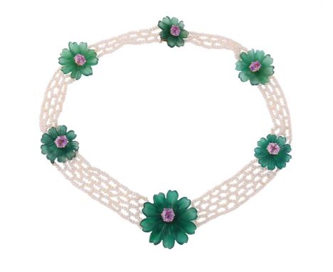 A FRENCH 1970S PINK SAPPHIRE, CHRYSOPRASE AND SEED PEARL COLLAR NECKLACEThe woven seed pearl collar with graduated carved chr