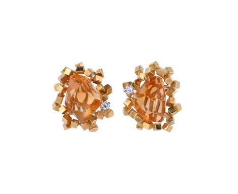 ALAN GARD, A PAIR OF CITRINE AND DIAMOND EAR CLIPS LONDON 1969 The ear clips each with a mixed cut citrine within a surround 