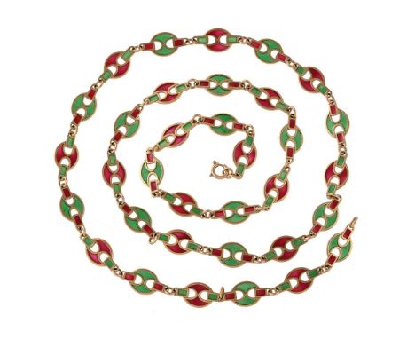 AN ITALIAN 1970S RED AND GREEN PLIQUE Á JOUR AND GOLD COLOURED LONG CHAINThe long chain with alternating stylised red and gre