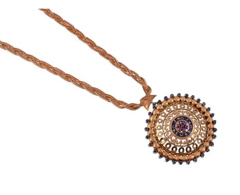 UNO-A-ERRE, A GOLD COLOURED WOVEN LINK CHAIN WITH AN ASSOCIATED SAPPHIRE AND RUBY PENDANT The plaited woven link necklace to 