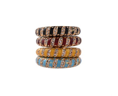 FOUR DIAMOND AND ENAMEL BAND RINGS The tapered bands with scrolled detail, set with eight cut diamonds, with either red, turq