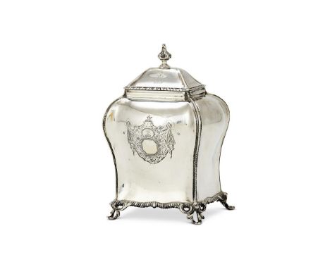 A GEORGE III SILVER TEA CADDY EDWARD ALDRIDGE, LONDON 1768 With a baluster finial to the gadrooned domed cover, the cover eng