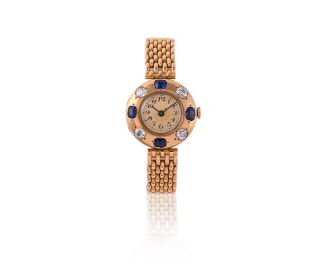 MELLERIO DITS MELLERIO, A FRENCH GOLD COLOURED, SAPPHIRE AND DIAMOND BRACELET WATCH, NO. 10970EARLY 20TH CENTURYThe champagne