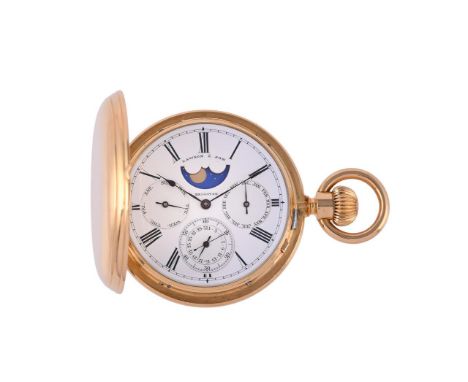 RETAILED BY LAWSON & SON, BRIGHTON AN 18 CARAT GOLD FULL HUNTER POCKET WATCH WITH CALENDAR AND MOON PHASE, NO. 77798, CIRCA 1