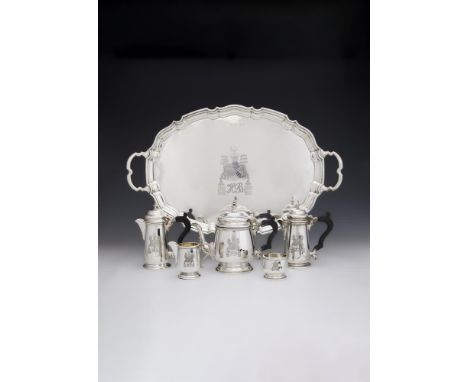 A CASED SILVER SIX PIECE TEA SETCHARLES S. GREEN & CO. LTD., BIRMINGHAM 1984The tea pot and two hot water pots with knopped f