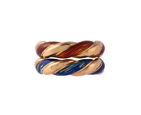 TWO FRENCH ENAMEL RINGSThe rings with alternating polished gold coloured and enamelled diagonal bands, one with red enamel, t