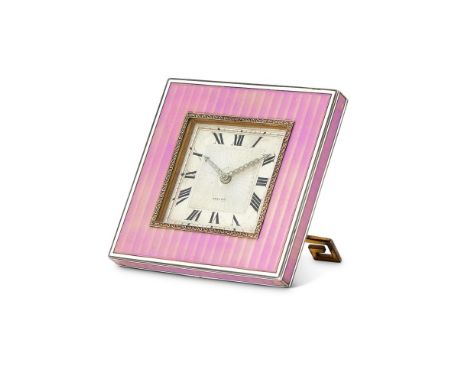 A FRENCH SILVER AND ENAMEL TRAVEL DESK CLOCKEARLY 20TH CENTURY Movement: Cal. 244, Swiss manual wind Case: Silver and pink en