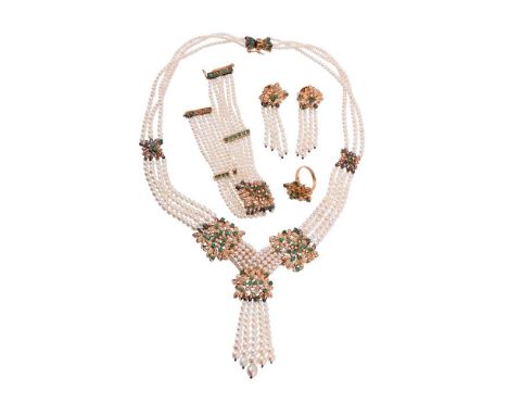 A CULTURED PEARL, EMERALD AND DIAMOND SUITEThe necklace with varying rows of graduated cultured pearls to emerald and eight c