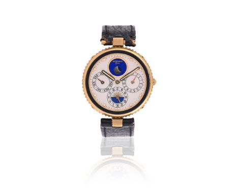 GERALD GENTA, GEFICA SAFARI A GOLD COLOURED WRIST WATCH WITH DAY, DATE, 24 HOUR AND MOON PHASE INDICATORS, NO. 34751, CIRCA 1