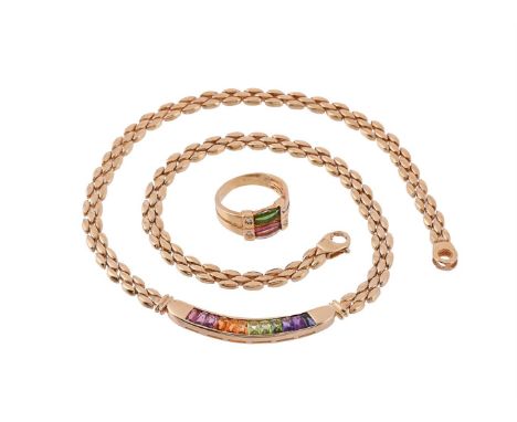 H. STERN, A MULTI GEM NECKLACE AND A TOURMALINE AND DIAMOND DRESS RING The necklace with a central panel set with a rainbow o