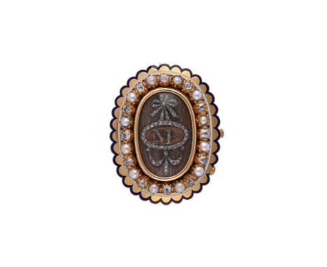 A GEORGIAN AND LATER GOLD, DIAMOND, PEARL AND HAIR WORK BROOCH/CLASPThe oval hairwork panel with rose cut diamond bow and swa