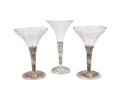 A PAIR OF GERMAN SILVER SPILL VASESHANAU PSEUDO MARKS (NOT TRACED), CIRCA 1900The tapering stems pierced and embossed with fo