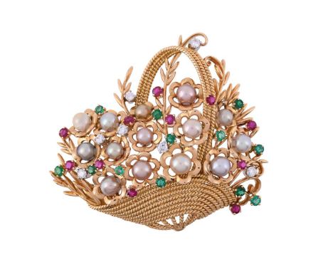 A DIAMOND, RUBY, EMERALD AND CULTURED PEARL FLOWER BASKET BROOCHThe gold coloured rope twist wire basket containing a flurry 