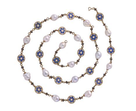 A BLUE AND WHITE PLIQUE Á JOUR ENAMEL AND BAROQUE CULTURED PEARL LONG CHAINThe circular links with blue enamelled flower head