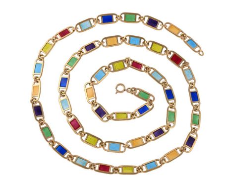 A POLYCHROME PLIQUE Á JOUR ENAMEL LONG CHAINThe oval links each with a rectangular coloured enamel window, the ring bolt clas