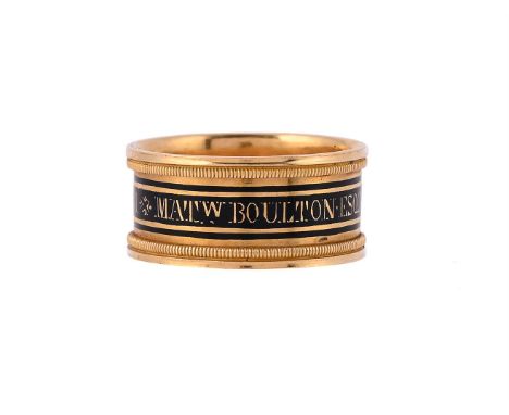 JAMES WATT INTEREST: A GEORGE III GOLD AND BLACK ENAMEL MOURNING RING FOR MATTHEW BOULTON LONDON 1809The gold coloured script