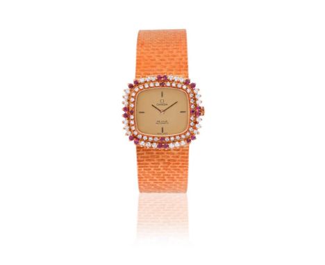 OMEGA, DE VILLEAN 18 CARAT GOLD, DIAMOND AND RUBY BRACELET WATCH, NO. 351 9055 34, CIRCA 1975Movement: Cal. 663, automaticCas