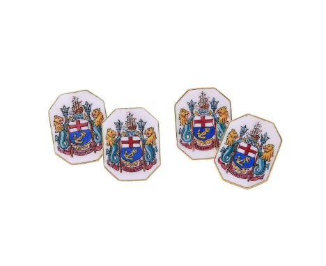 A LLOYDS OF LONDON, A PAIR OF ENAMELLED COAT OF ARMS CUFFLINKSThe crest upon a white enamelled ground, with a representation 
