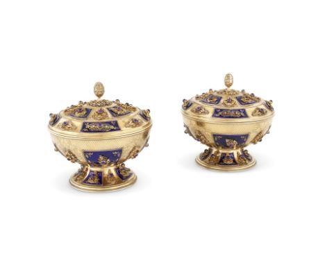 A PAIR OF SILVER GILT COLOURED AND ENAMELLED BOWLS AND COVERS STAMPED 925 With pine cone finals to the domed covers, panels o