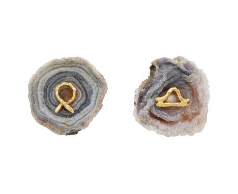 ANDREW GRIMA, TWO ZODIAC GEODE PANEL PENDANTS LONDON 1977The first with a crystal geode panel with a central applied stylised