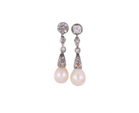 A PAIR OF PEARL AND DIAMOND DROP EAR PENDANTSThe pear shaped pearl drops with rose cut diamond caps, to old cut diamond linke